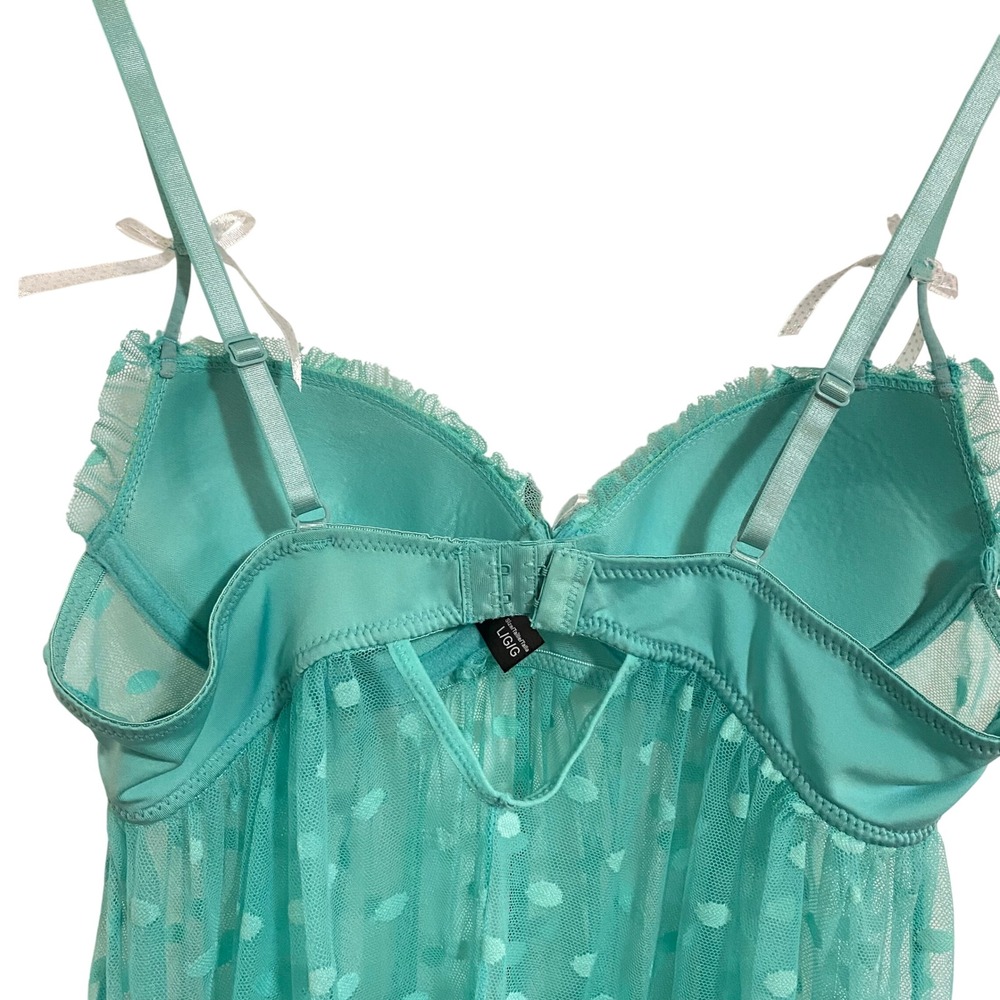Babydoll Pastel Goth Chemise Soft Girl Womens L Teal Polka Dot Mesh Ruffle Bows - Picture 7 of 7